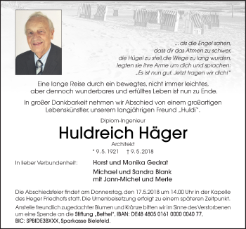 Traueranzeige von Huldreich Häger von Neue Osnabrücker Zeitung GmbH & Co. KG