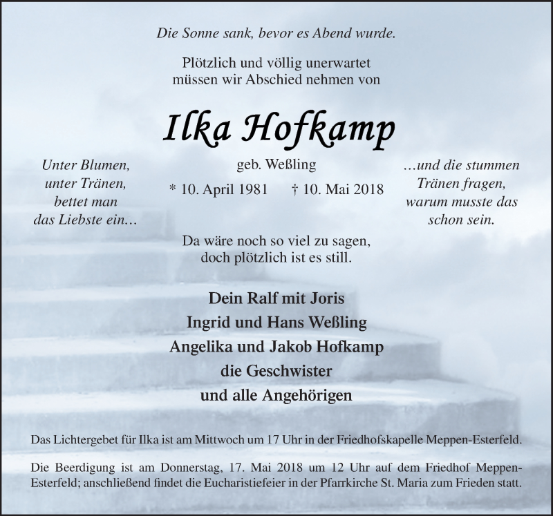  Traueranzeige für Ilka Hofkamp vom 14.05.2018 aus Neue Osnabrücker Zeitung GmbH & Co. KG