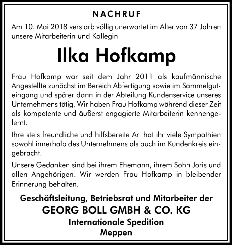  Traueranzeige für Ilka Hofkamp vom 17.05.2018 aus Neue Osnabrücker Zeitung GmbH & Co. KG