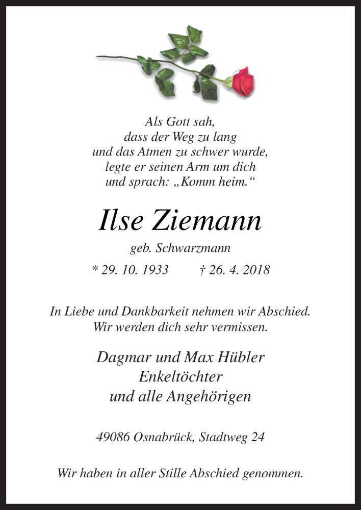  Traueranzeige für Ilse Ziemann vom 12.05.2018 aus Neue Osnabrücker Zeitung GmbH & Co. KG