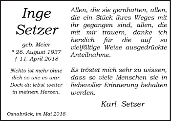 Traueranzeige von Inge Setzer von Neue Osnabrücker Zeitung GmbH & Co. KG