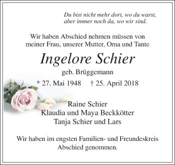 Traueranzeige von Ingelore Schier von Neue Osnabrücker Zeitung GmbH & Co. KG