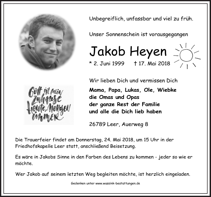  Traueranzeige für Jakob Heyen vom 22.05.2018 aus Neue Osnabrücker Zeitung GmbH & Co. KG