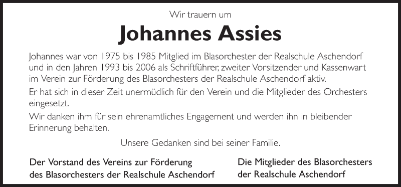  Traueranzeige für Johannes Assies vom 04.05.2018 aus Neue Osnabrücker Zeitung GmbH & Co. KG