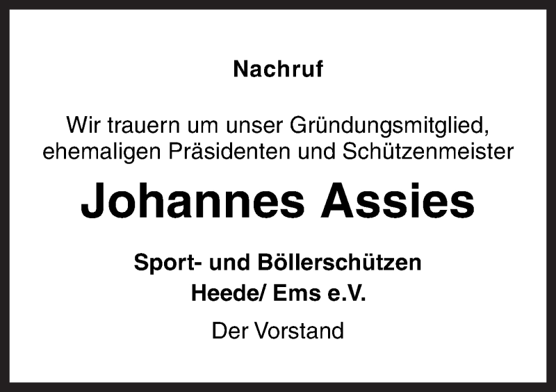  Traueranzeige für Johannes Assies vom 04.05.2018 aus Neue Osnabrücker Zeitung GmbH & Co. KG
