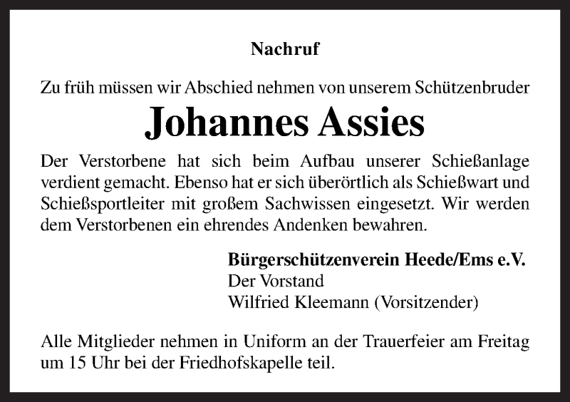  Traueranzeige für Johannes Assies vom 03.05.2018 aus Neue Osnabrücker Zeitung GmbH & Co. KG