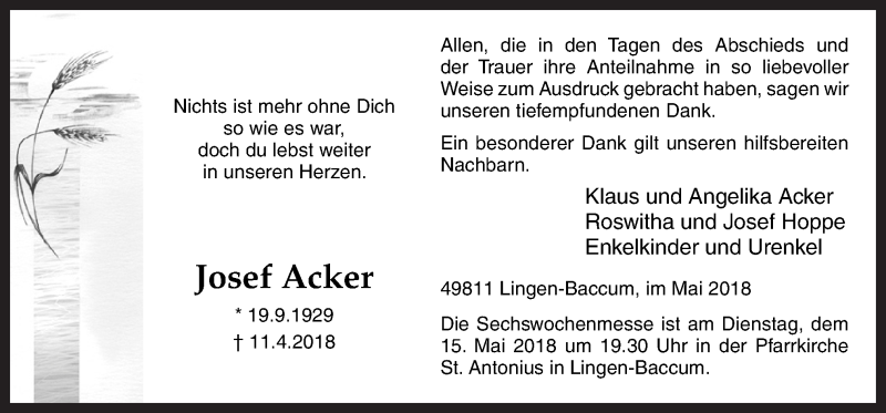  Traueranzeige für Josef Acker vom 11.05.2018 aus Neue Osnabrücker Zeitung GmbH & Co. KG