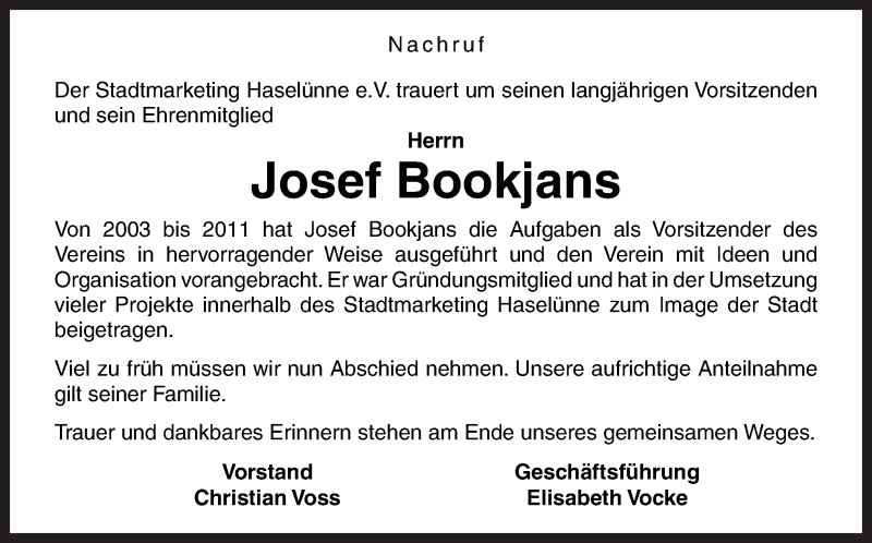  Traueranzeige für Josef Bookjans vom 11.05.2018 aus Neue Osnabrücker Zeitung GmbH & Co. KG
