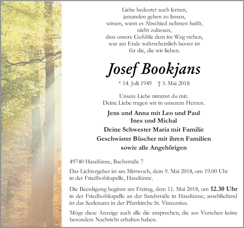  Traueranzeige für Josef Bookjans vom 07.05.2018 aus Neue Osnabrücker Zeitung GmbH & Co. KG