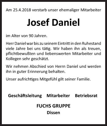 Traueranzeige von Josef Daniel von Neue Osnabrücker Zeitung GmbH & Co. KG