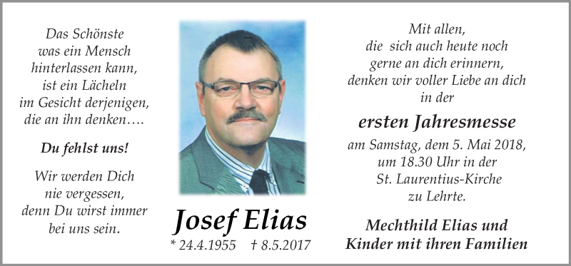  Traueranzeige für Josef Elias vom 02.05.2018 aus Neue Osnabrücker Zeitung GmbH & Co. KG
