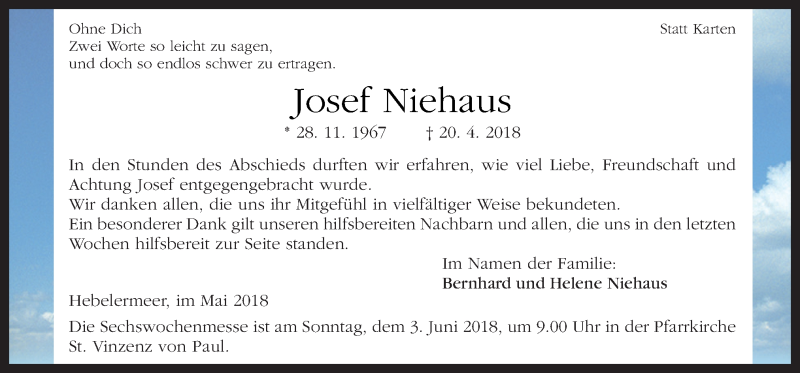  Traueranzeige für Josef Niehaus vom 30.05.2018 aus Neue Osnabrücker Zeitung GmbH & Co. KG