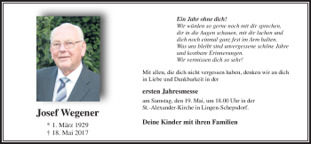 Traueranzeige von Josef Wegener von Neue Osnabrücker Zeitung GmbH & Co. KG
