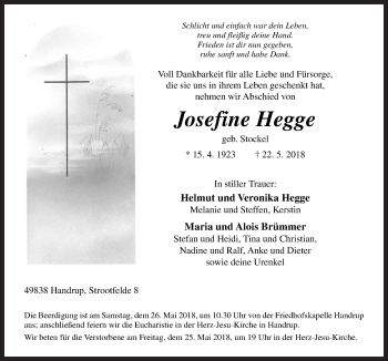 Traueranzeige von Josefine Hegge von Neue Osnabrücker Zeitung GmbH & Co. KG