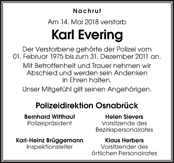 Traueranzeige von Karl Evering von Neue Osnabrücker Zeitung GmbH & Co. KG
