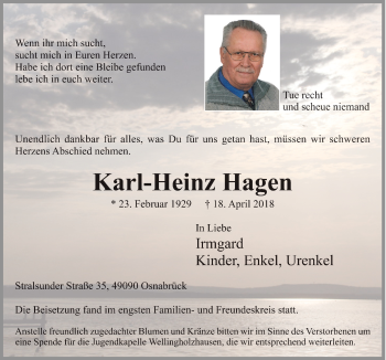 Traueranzeige von Karl-Heinz Hagen von Neue Osnabrücker Zeitung GmbH & Co. KG