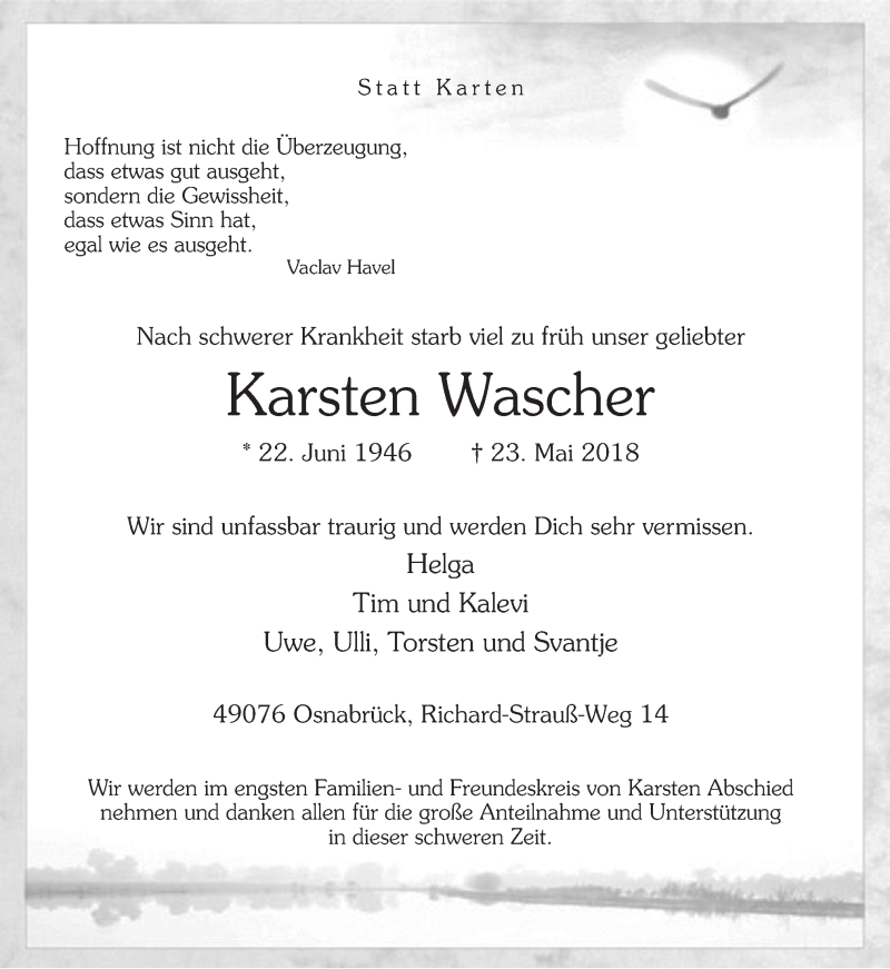  Traueranzeige für Karsten Wascher vom 29.05.2018 aus Neue Osnabrücker Zeitung GmbH & Co. KG