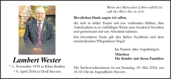 Traueranzeige von Lambert Wester von Neue Osnabrücker Zeitung GmbH & Co. KG