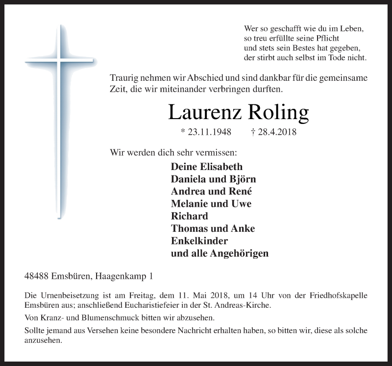  Traueranzeige für Laurenz Roling vom 05.05.2018 aus Neue Osnabrücker Zeitung GmbH & Co. KG