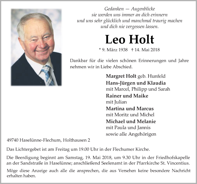  Traueranzeige für Leo Holt vom 16.05.2018 aus Neue Osnabrücker Zeitung GmbH & Co. KG