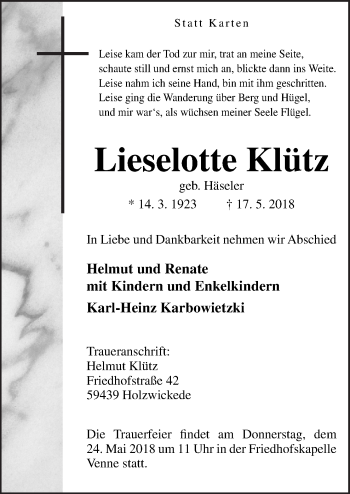 Traueranzeige von Lieselotte Klütz von Neue Osnabrücker Zeitung GmbH & Co. KG