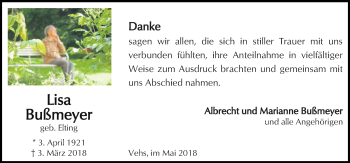 Traueranzeige von Lisa Bußmeyer von Neue Osnabrücker Zeitung GmbH & Co. KG