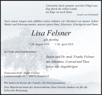 Traueranzeige von Lisa Felsner von Neue Osnabrücker Zeitung GmbH & Co. KG