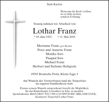 Traueranzeige von Lothar Franz von Neue Osnabrücker Zeitung GmbH & Co. KG
