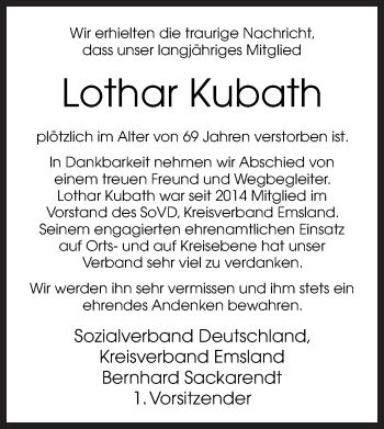 Traueranzeige von Lothar Kubath von Neue Osnabrücker Zeitung GmbH & Co. KG