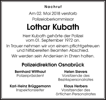 Traueranzeige von Lothar Kubath von Neue Osnabrücker Zeitung GmbH & Co. KG