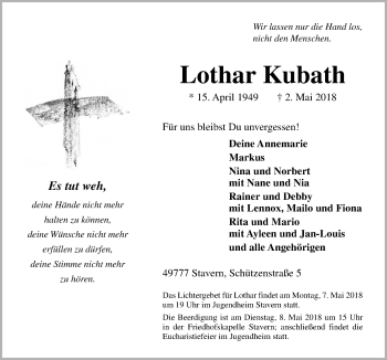 Traueranzeige von Lothar Kubath von Neue Osnabrücker Zeitung GmbH & Co. KG