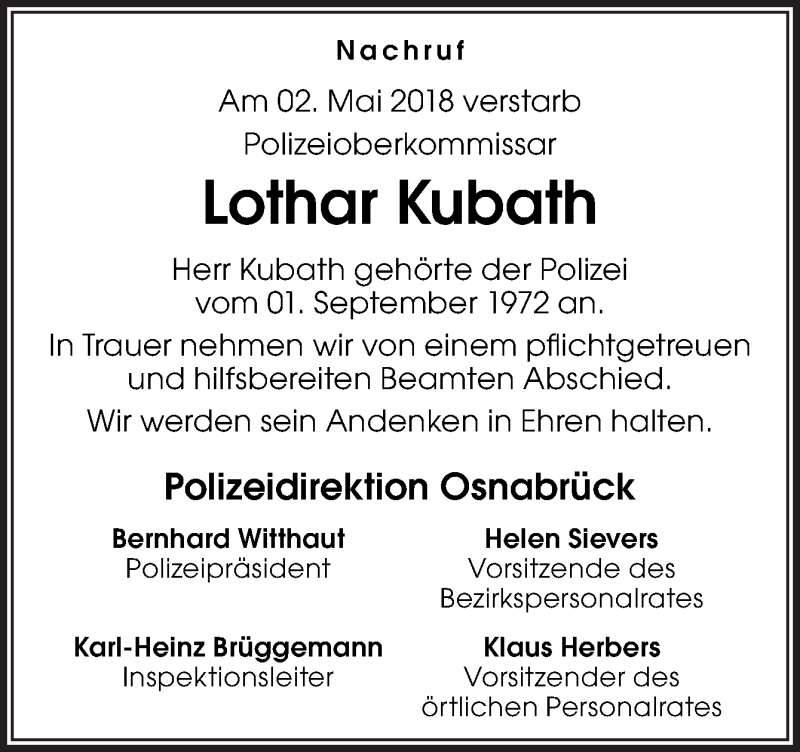  Traueranzeige für Lothar Kubath vom 05.05.2018 aus Neue Osnabrücker Zeitung GmbH & Co. KG