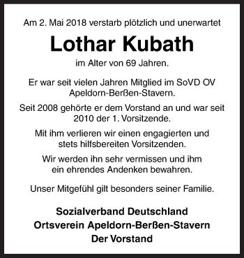 Traueranzeige von Lothar Kubath von Neue Osnabrücker Zeitung GmbH & Co. KG