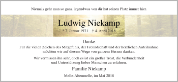 Traueranzeige von Ludwig Niekamp von Neue Osnabrücker Zeitung GmbH & Co. KG