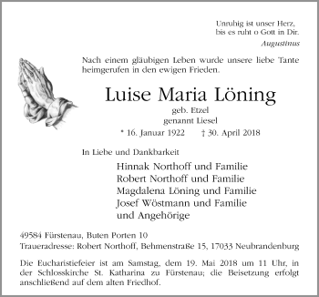 Traueranzeige von Luise Maria Löning von Neue Osnabrücker Zeitung GmbH & Co. KG