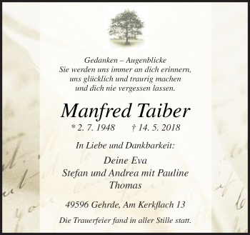 Traueranzeige von Manfred Taiber von Neue Osnabrücker Zeitung GmbH & Co. KG