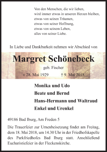 Traueranzeige von Margret Schönebeck von Neue Osnabrücker Zeitung GmbH & Co. KG