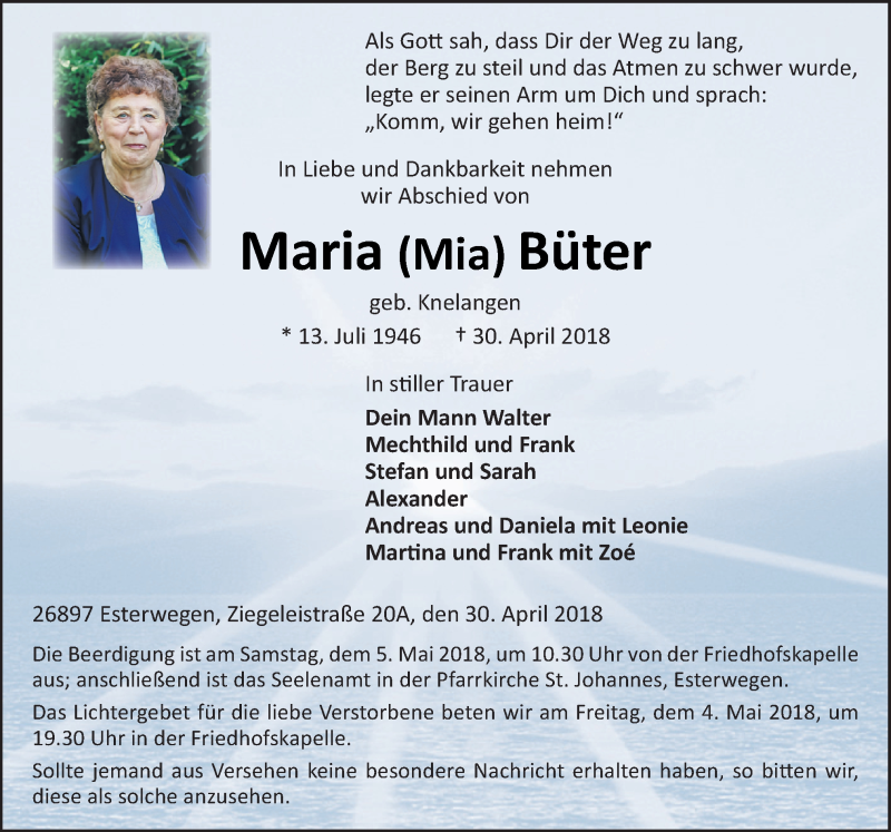  Traueranzeige für Maria Büter vom 03.05.2018 aus Neue Osnabrücker Zeitung GmbH & Co. KG