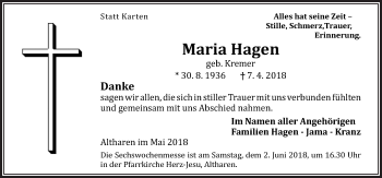 Traueranzeige von Maria Hagen von Neue Osnabrücker Zeitung GmbH & Co. KG