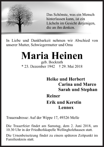 Traueranzeige von Maria Heinen von Neue Osnabrücker Zeitung GmbH & Co. KG