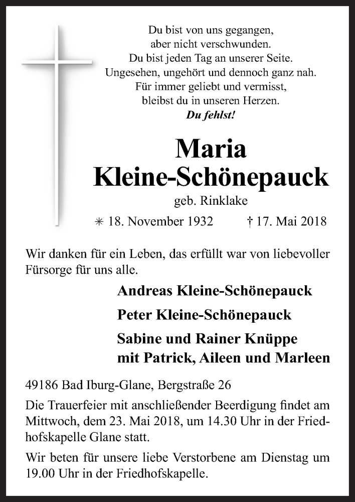  Traueranzeige für Maria Kleine-Schönepauck vom 19.05.2018 aus Neue Osnabrücker Zeitung GmbH & Co. KG