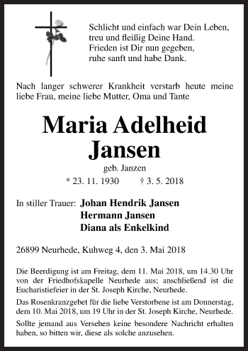 Traueranzeige von Maria Adelheid Jansen von Neue Osnabrücker Zeitung GmbH & Co. KG