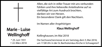 Traueranzeige von Marie-Luise Wellinghoff von Neue Osnabrücker Zeitung GmbH & Co. KG