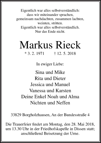 Traueranzeige von Markus Rieck von Neue Osnabrücker Zeitung GmbH & Co. KG