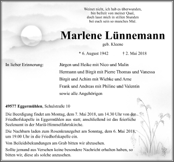 Traueranzeige von Marlene Lünnemann von Neue Osnabrücker Zeitung GmbH & Co. KG