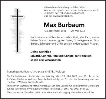 Traueranzeige von Max Burbaum von Neue Osnabrücker Zeitung GmbH & Co. KG