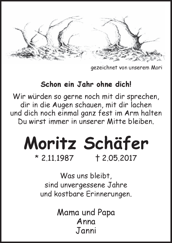  Traueranzeige für Moritz Schäfer vom 02.05.2018 aus Neue Osnabrücker Zeitung GmbH & Co. KG