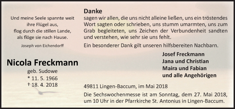  Traueranzeige für Nicola Freckmann vom 19.05.2018 aus Neue Osnabrücker Zeitung GmbH & Co. KG