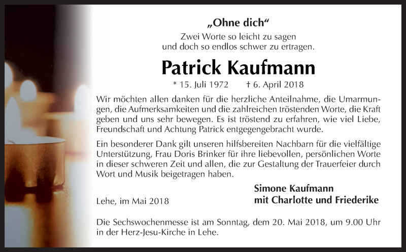  Traueranzeige für Patrick Kaufmann vom 16.05.2018 aus Neue Osnabrücker Zeitung GmbH & Co. KG