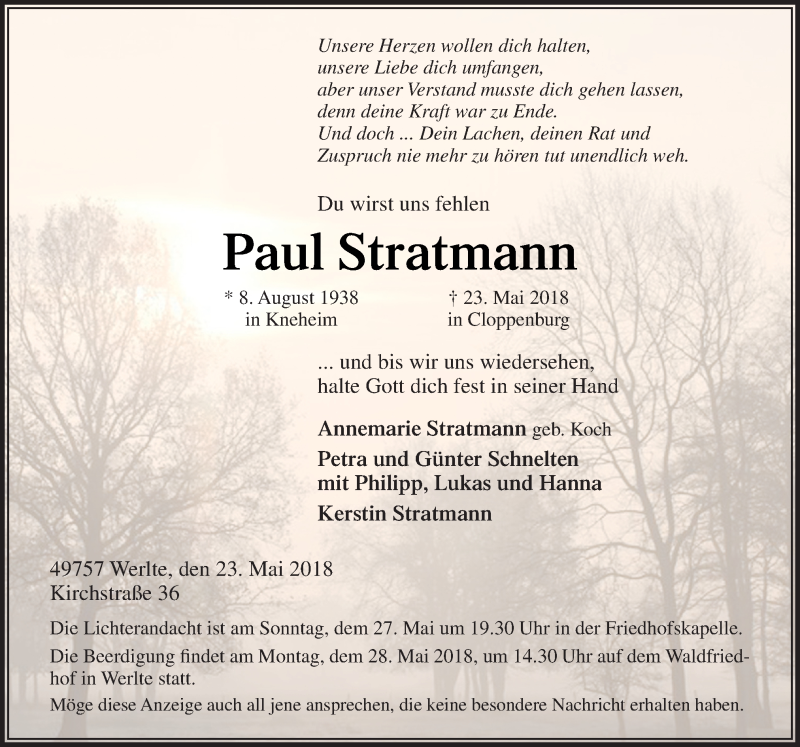  Traueranzeige für Paul Stratmann vom 26.05.2018 aus Neue Osnabrücker Zeitung GmbH & Co. KG